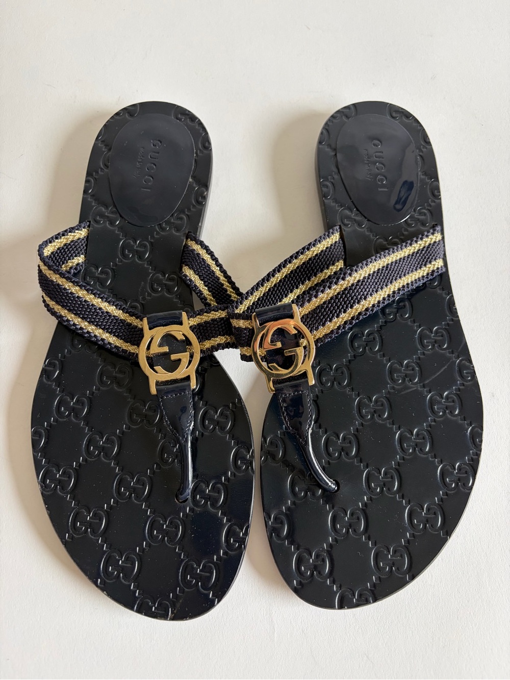 Gucci Black & Gold Logo Web Stripe Thong Sandals